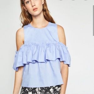 ZARA Blue Ruffled Cold Shoulder Blouse